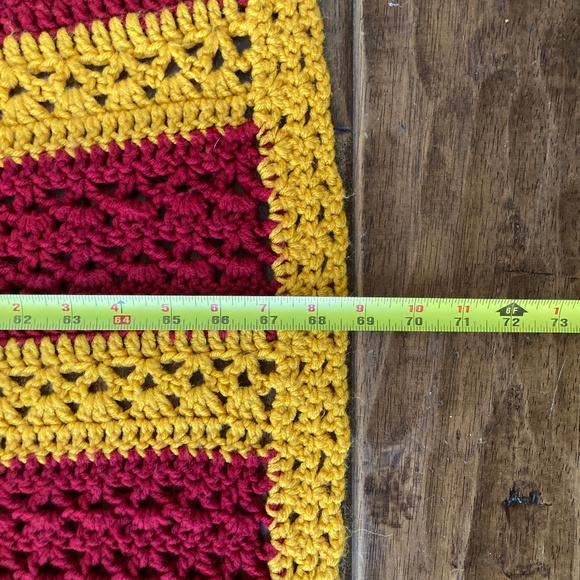 Vintage Handmade Crochet Red/Yellow Striped 69x42 Throw Blanket USC Kansas City - Picture 7 of 7